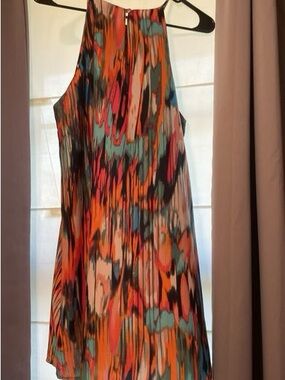 Tyche Multicolor Abstract Halter Mini Dress with Orange, Teal & Black